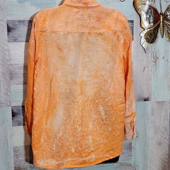Chaus Sport Orange Tie-Dye Bleached Button Up Linen Blend Blouse Sz Med M - Picture 6 of 8